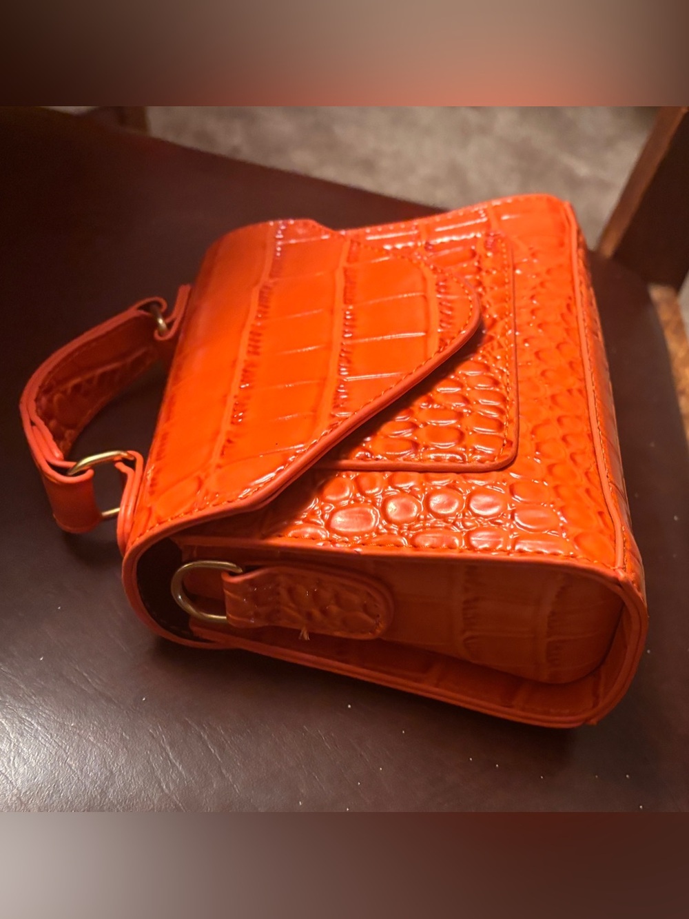 Orange Croc-Embossed Top Handle Crossbody Mini Bag - Like New - Picture 5 of 8